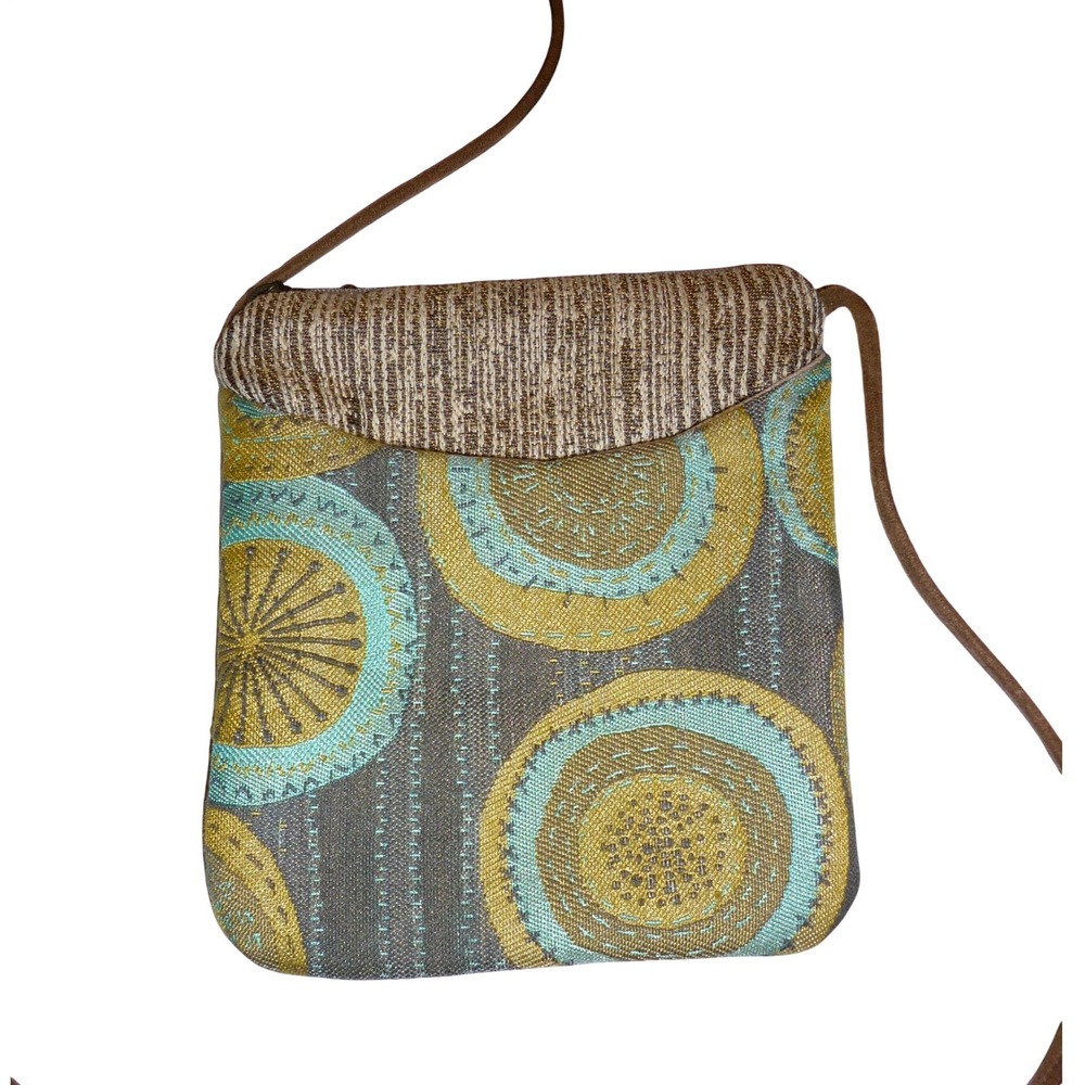 Maruca Handmade Boulder CO Tapestry Crossbody Bag Geometric Circles Grey Teal